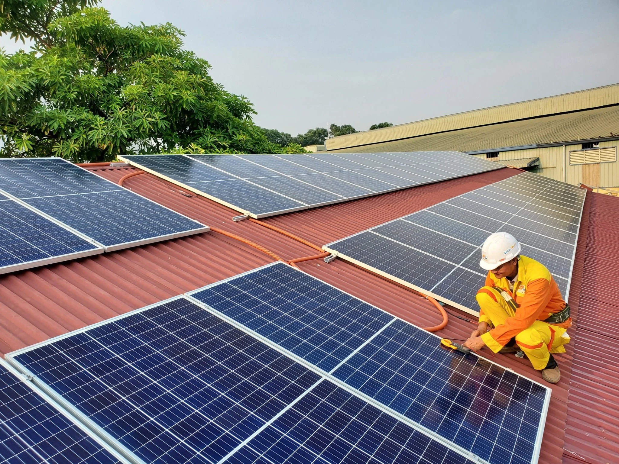 Professionnel installant des panneaux solaires sur une toiture